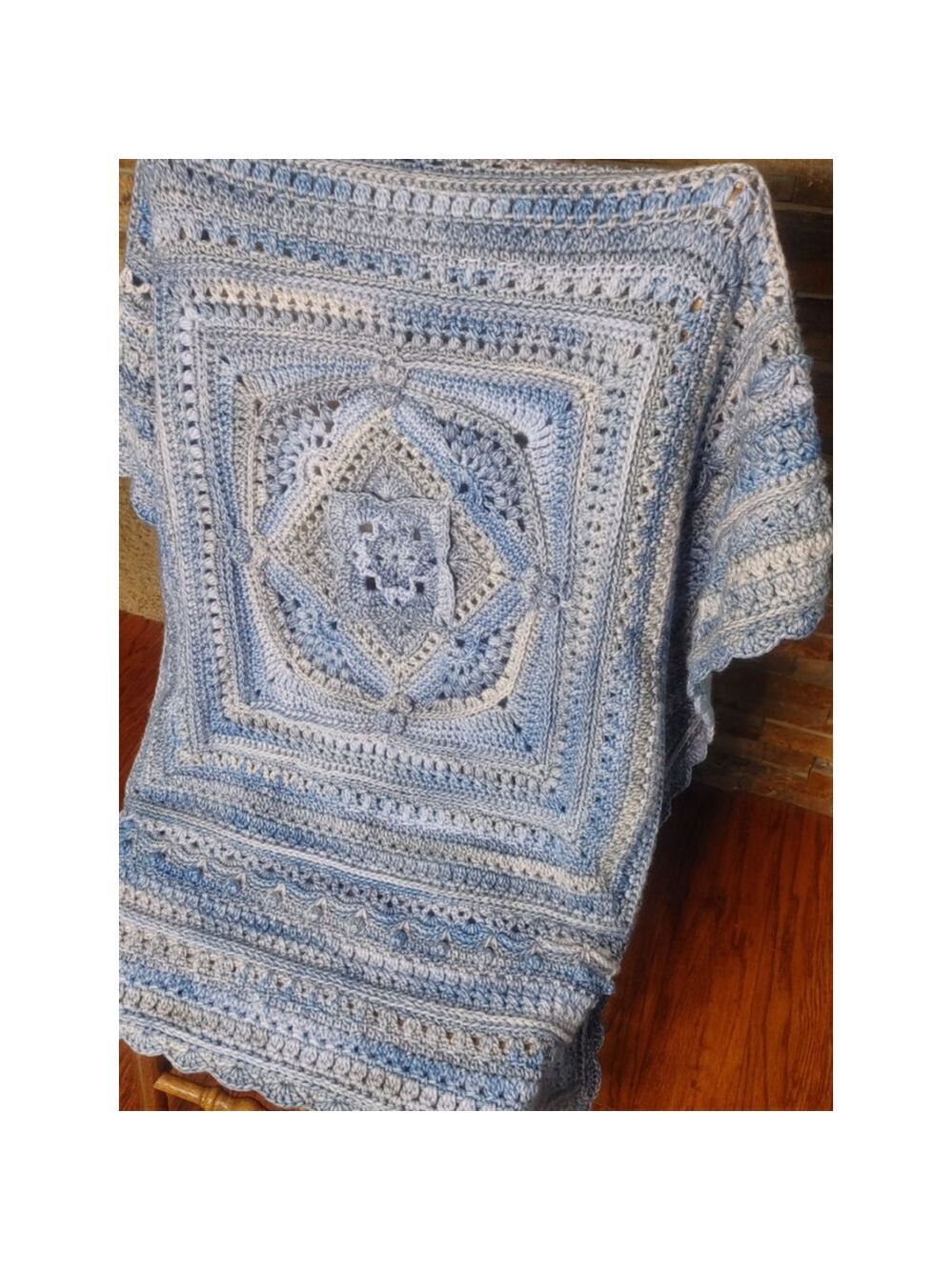 Hooked on Sunshine Yaya's Boy Blue/Gray Acrylic/Cotton Baby Blanket ~44"